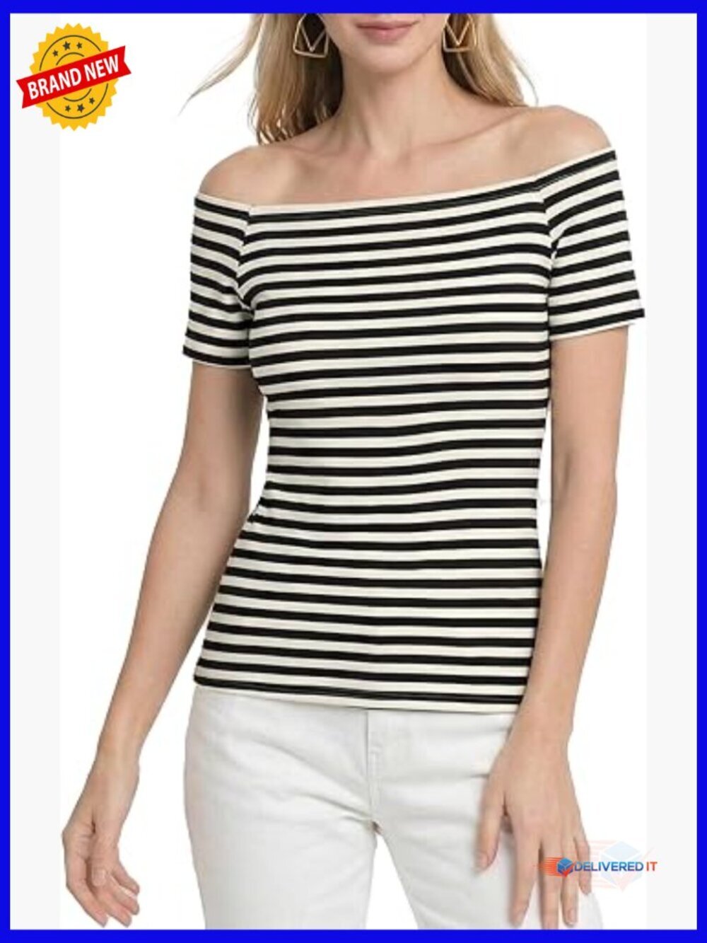 Off Shoulder Slim Fit Tee, Rayon Spandex Blend, Short Sleeve Casual Top